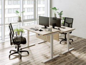 Zoom Single Desk with Bamboo Top Attached with Modesty Panel with Black Mesh Back Armchair in Modern Office Setting