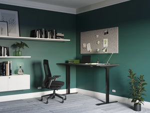 Zoom Single Desk with Bamboo Top in Black with Black Mesh Back Armchair and White Shelves and Storage in Home Office Setting