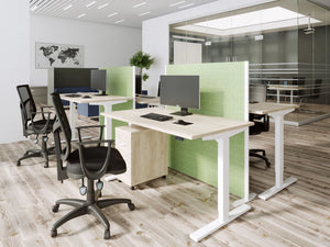 Zoom Single Desk with Bamboo Top in Oak Top Finish with Green Freestanding Desk Screen and Black Armchair in Modern Office Setti