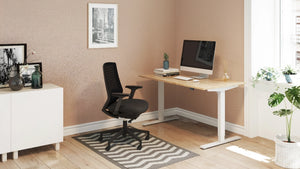 Zoom Single Desk with Bamboo Top with Black Mesh Back Armchair and White Cabinet in Home Office Setting