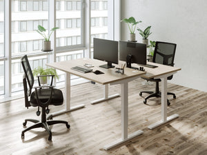 Zoom Single Desk with Bamboo Top with Black Mesh Back Armchair in Modern Office Setting