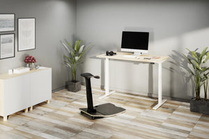 Zoom Single Desk with Bamboo Top with Black Movement Stool and White Storage Cabinet in Home Office Setting