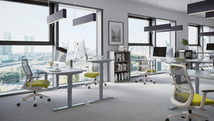 Zoom Single Desk with Bamboo Top with Light Grey Bookcase and Mesh Back Armchair in Modern Office Setting