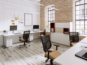 Zoom Single Desk with Bamboo Top with Mesh Back Armchair and White Filing Cabinet in Modern Home Office Setting