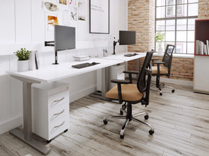 Zoom Single Desk with Bamboo Top with Mesh Back Armchair and White Pedestal in Modern Home Office Setting 2