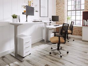 Zoom Single Desk with Bamboo Top with Mesh Back Armchair and White Pedestal in Modern Home Office Setting