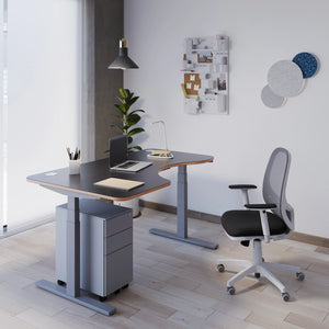 Zoom Sit-Stand Radial Desk with Light Grey Pedestal and Mesh Back Armchair with Headrest in Home Office Setting