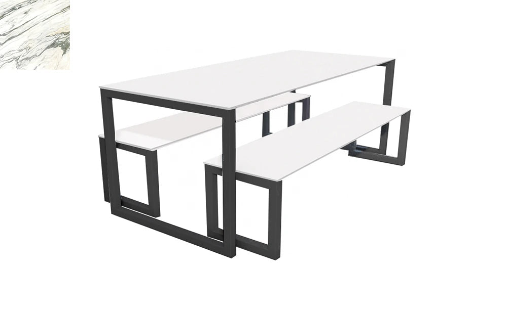 City Outdoor Dining Table And Benches Marble Finish Top Black Frame Base 1800Mm