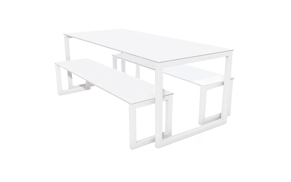 City Outdoor Dining Table And Benches White Finish Top White Frame Base 1500Mm