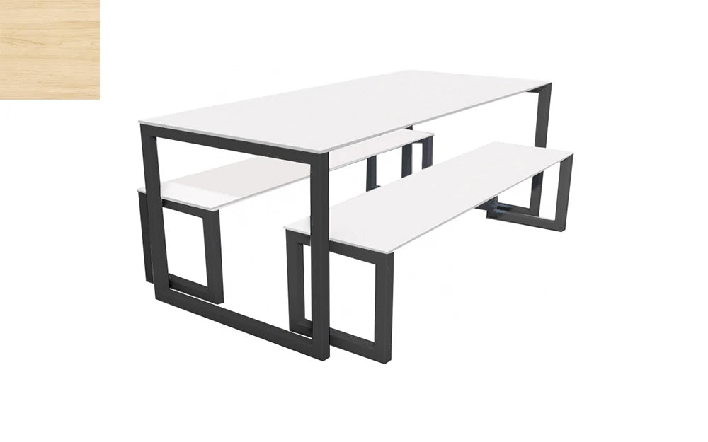 City Outdoor Dining Table And Benches Wood Light Finish Top Black Frame Base 1800Mm