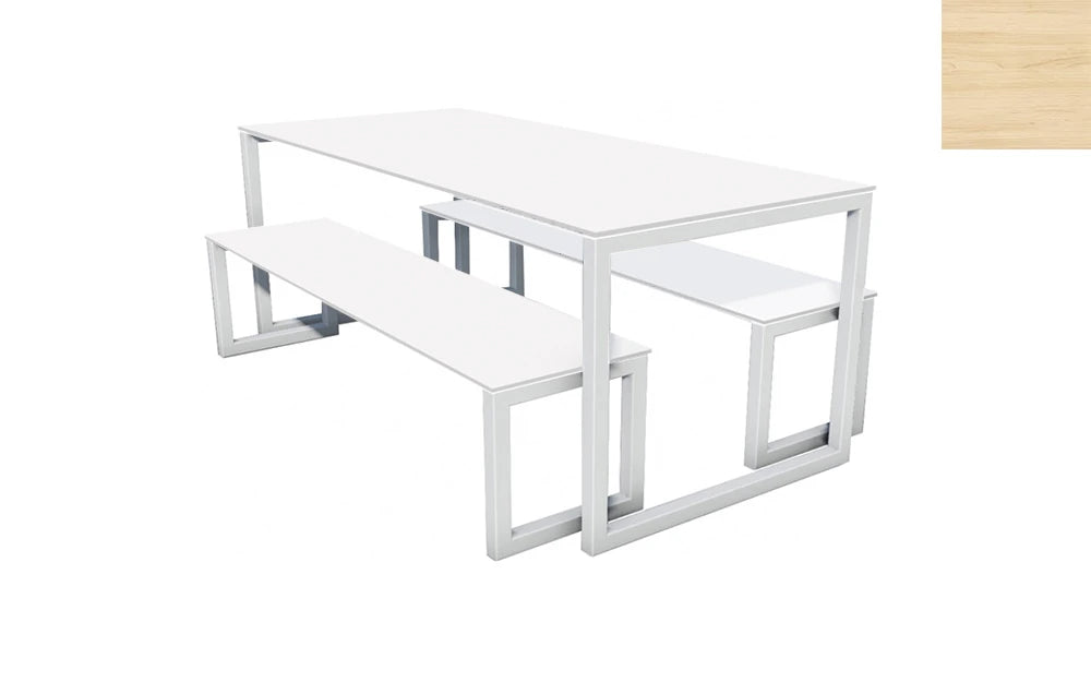 City Outdoor Dining Table And Benches Wood Light Finish Top Silver Frame Base 2200Mm