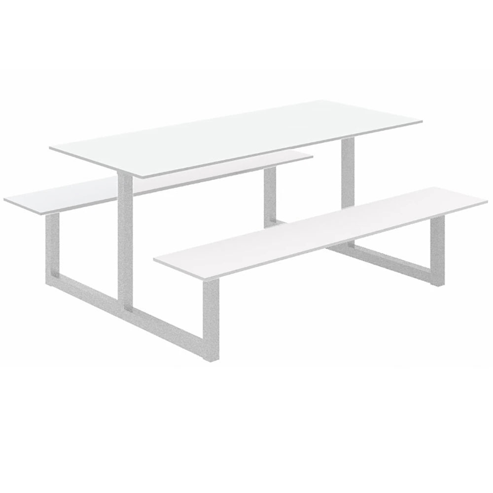 Parc Outdoor Dining Table And Benches White Finish Top Black Frame Base