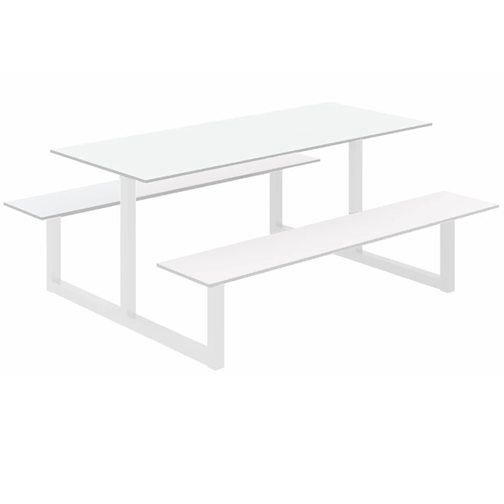 Parc Outdoor Dining Table And Benches White Finish Top White Frame Base