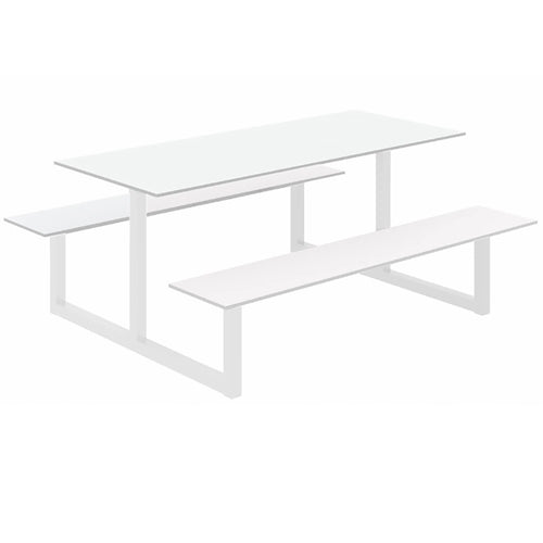 Parc Outdoor Dining Table And Benches White Finish Top Black Frame Base
