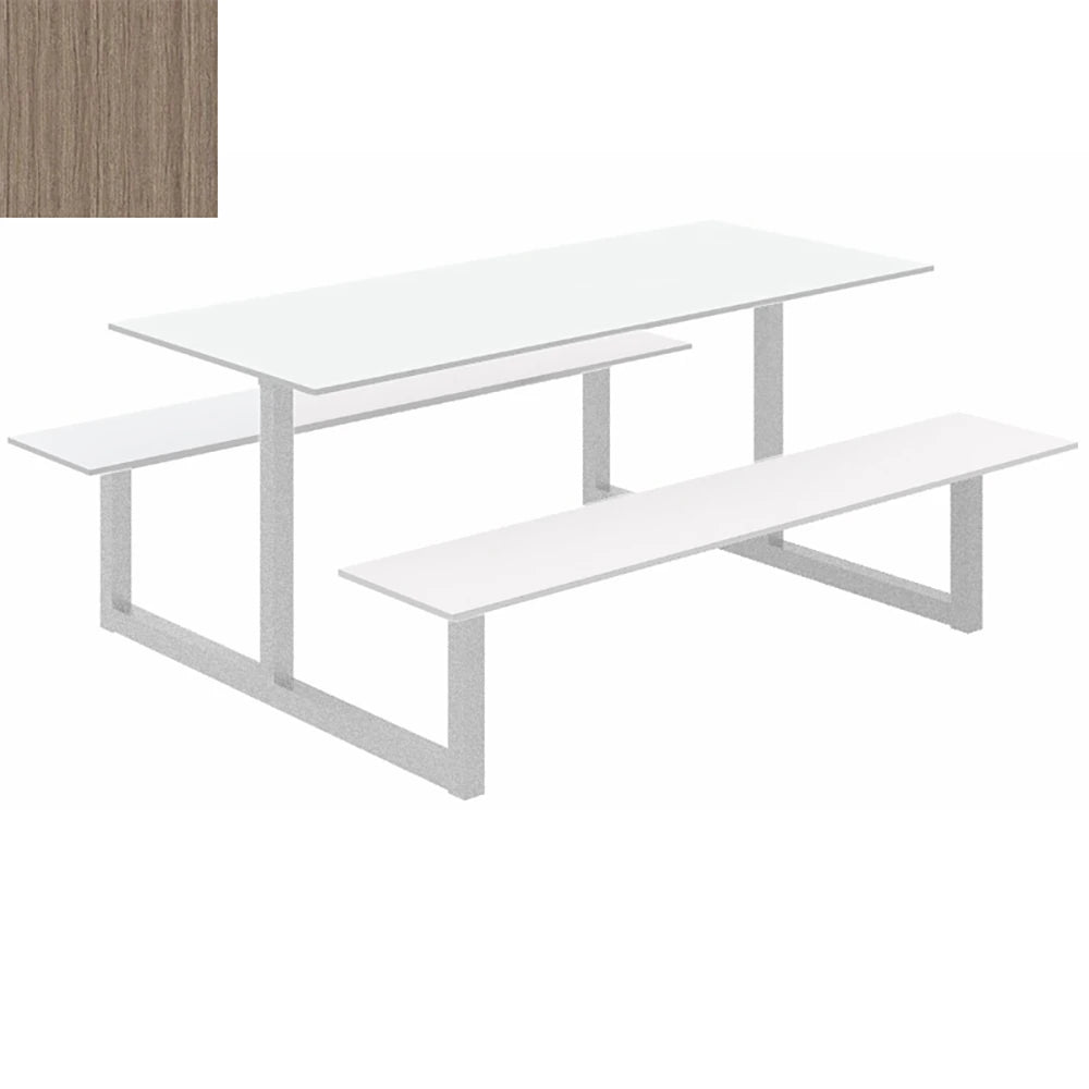 Parc Outdoor Dining Table And Benches Wood Med Finish Top Silver Frame Base